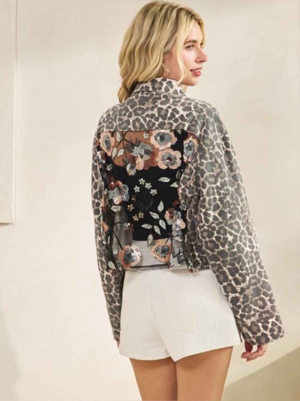 Veveret Leopard Print Mesh Back Embroidered Crop Jacket